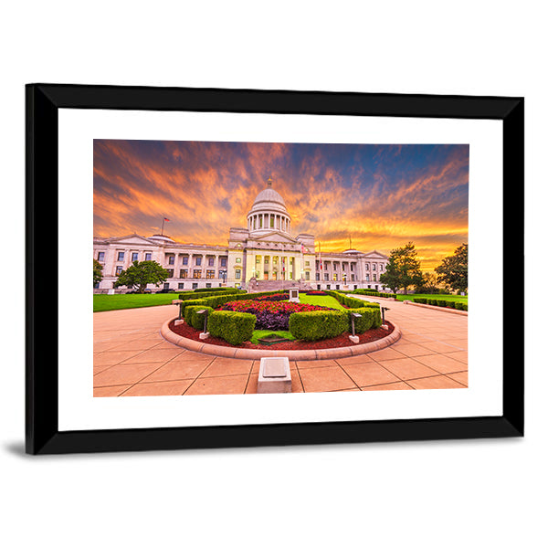 Arkansas State Capitol Building Canvas Wall Art in beige, orange and blue, framed print, product view on a white background