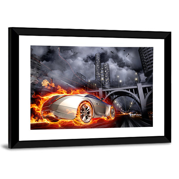 Flaming Sports Car at Night Canvas Wall Art