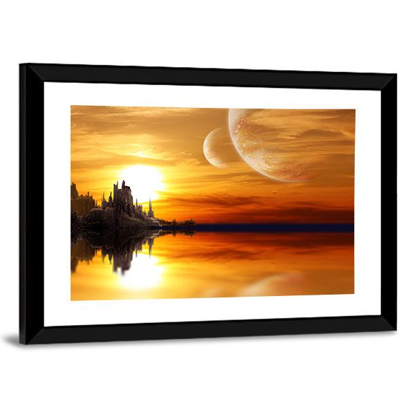 Alien Planet Sunset with Twin Moons Canvas Wall Art