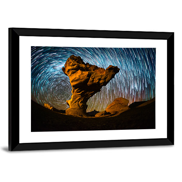 Arbol de Piedra Stone In Bolivia Canvas Wall Art in black, orange and blue, framed print, product view on a white background