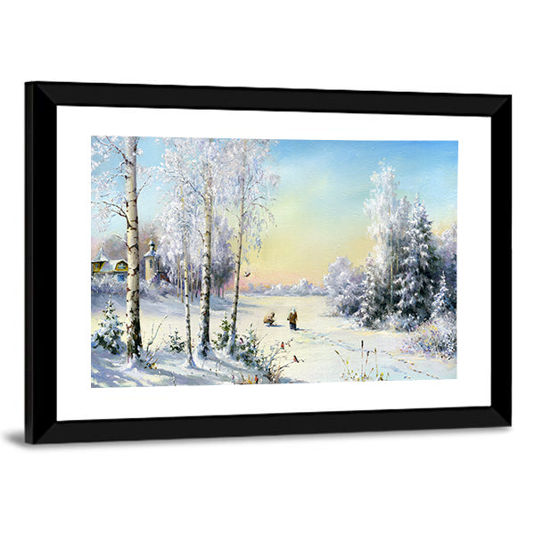 Frozen Lake In Winter Village Canvas Wall Art