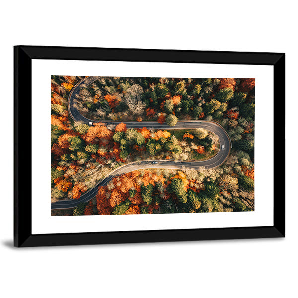 Winding Mountain Road Through Forest In Autumn Canvas Wall Art