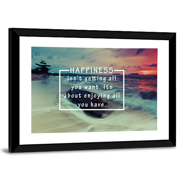Happiness Quote Over Sunset Beach Canvas Wall Art in orange, blue and pink, framed print, product view on a white background