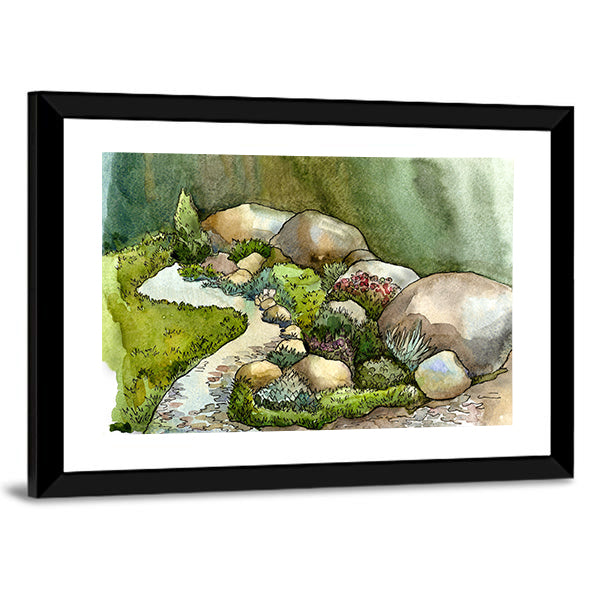 Watercolor Creek in Rock Garden Canvas Wall Art