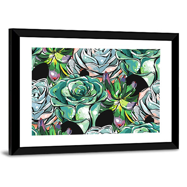 Succulent Cacti Flowers Pattern Canvas Wall Art