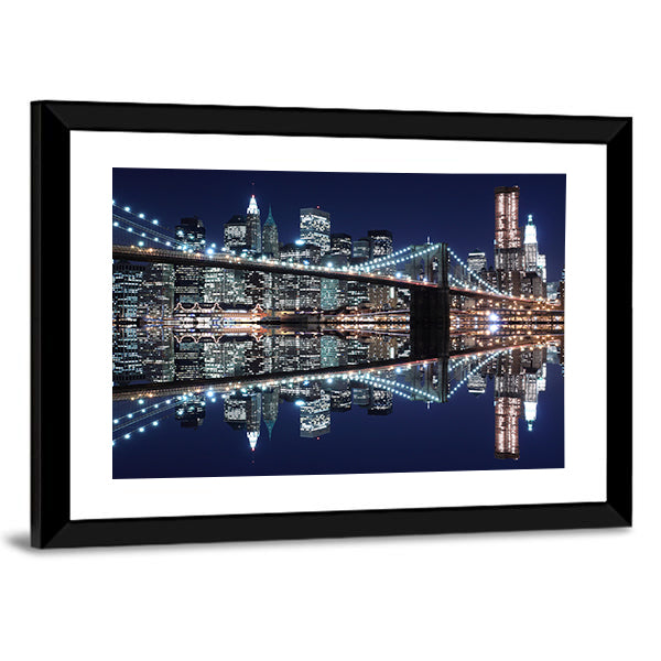 Brooklyn Bridge and Manhattan Skyline Reflection Canvas Wall Art in black, blue and navy, framed print, product view on a white background