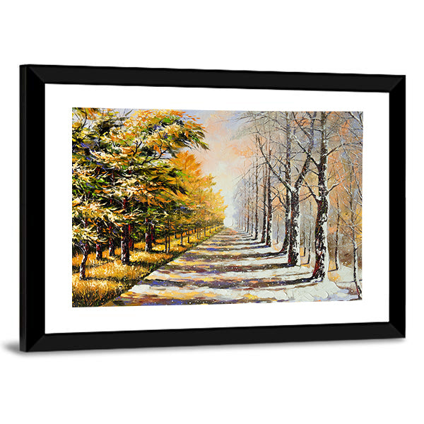Autumn Walkway with Snow Canvas Wall Art