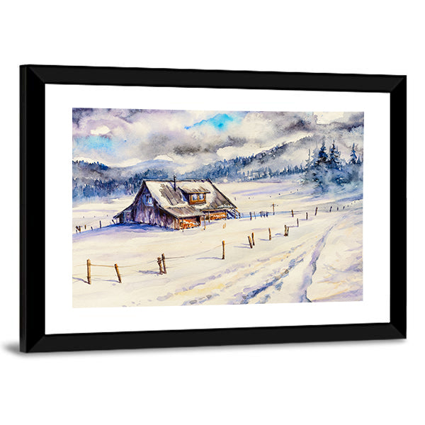 Snowy Cottage in Winter Mountains Canvas Wall Art