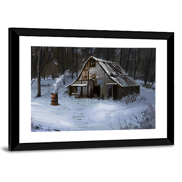 Small Cottage House In The Winter Forest Canvas Wall Art
