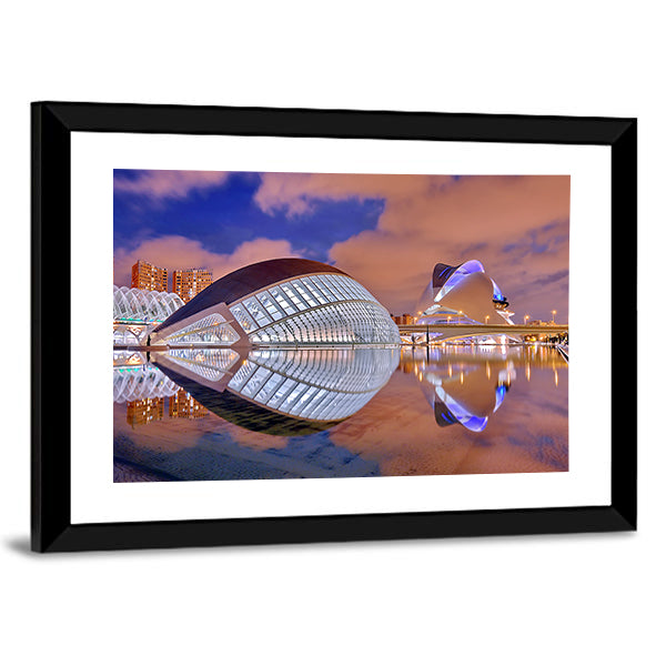 City of Arts and Sciences at Dusk Canvas Wall Art in white, orange and blue, framed print, product view on a white background