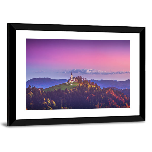 Church of Saint Leonard In London Canvas Wall Art in green, purple and pink, framed print, product view on a white background