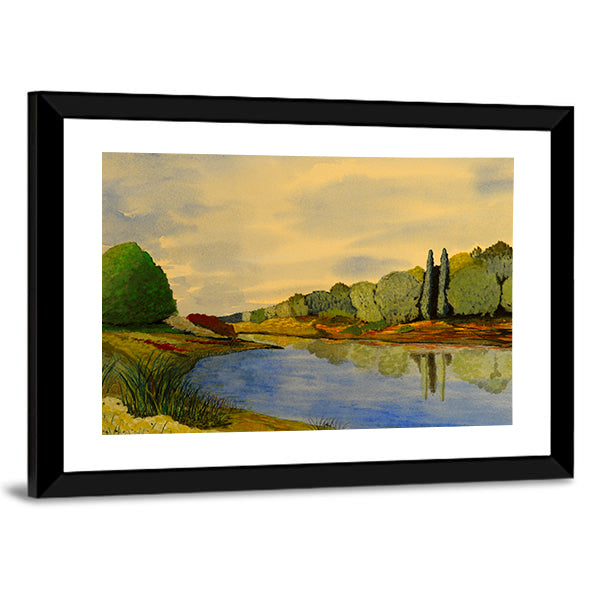 Scenic Lake Illustration Canvas Wall Art