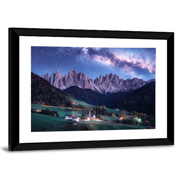 Santa Maddalena And Milky Way In Italy Canvas Wall Art in green, blue and purple, framed print, product view on a white background