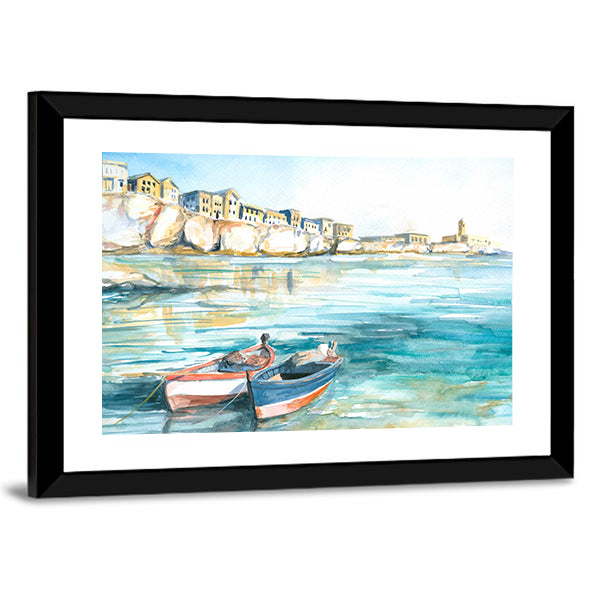 Two Rowboats in Sunny Coastal Watercolor Canvas Wall Art