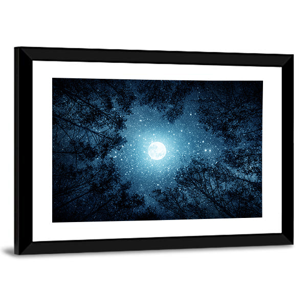 Milky Way And Moon From Forest Trees Canvas Wall Art in black, blue and navy, framed print, product view on a white background