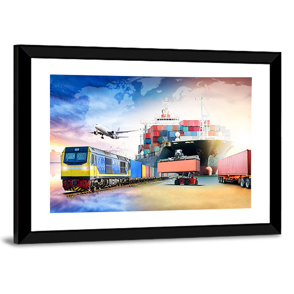 Global Logistics Transport Collage Canvas Wall Art in orange, blue and multicolor, framed print, product view on a white background
