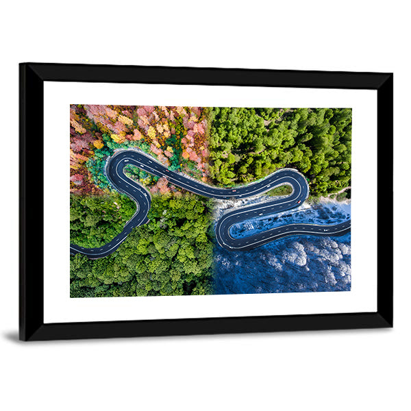 Highway Through The Forest Canvas Wall Art in green, blue and multicolor, framed print, product view on a white background