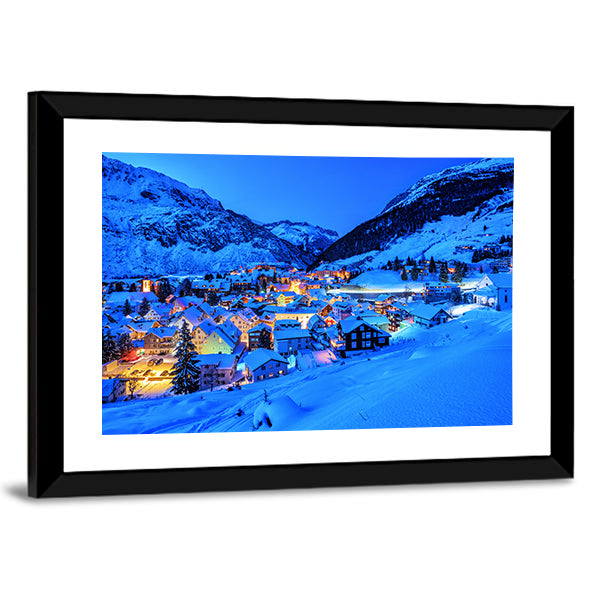Andermatt Village In Swiss Alps Mountains Canvas Wall Art in white and blue, framed print, product view on a white background