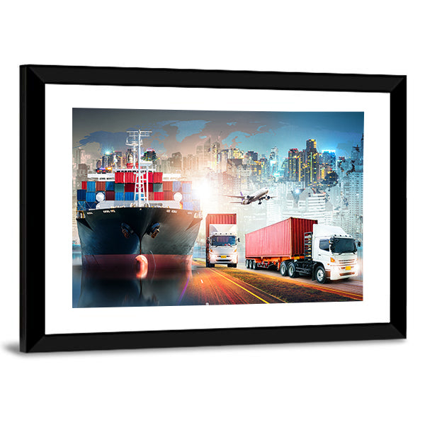 Global Logistics Collage with Cargo Ship and Containers Canvas Wall Art in white, red and blue, framed print, product view on a white background