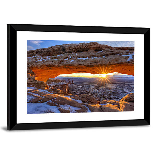 Mesa Arch In Canyonlands National Park Utah Canvas Wall Art in brown, orange and blue, framed print, product view on a white background
