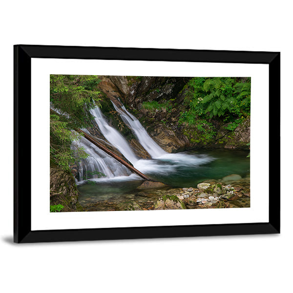 Mountain Mickiewicz Waterfall Canvas Wall Art in white, brown and green, framed print, product view on a white background