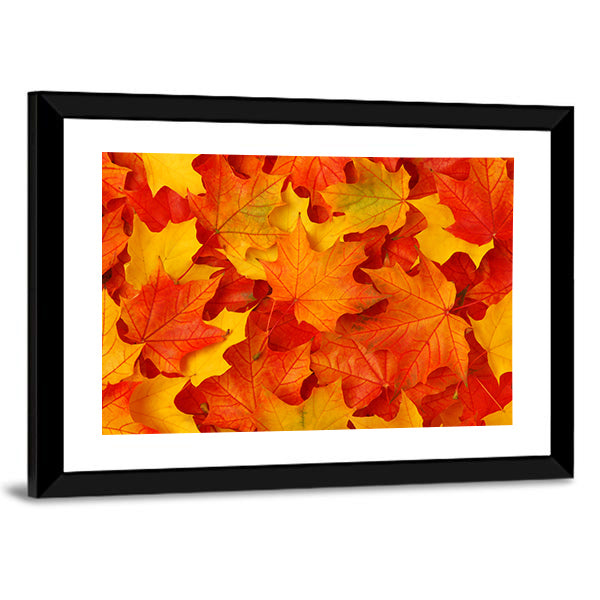 Fall Maple Leaves Canvas Wall Art in red, orange and yellow, framed print, product view on a white background