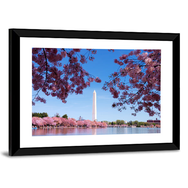 Cherry Blossom And Washington Monument Over Lake Canvas Wall Art