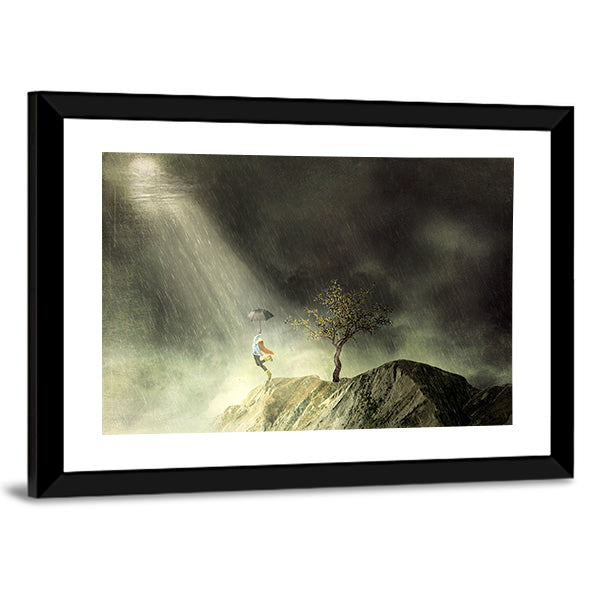 Person with Umbrella on Rainy Cliff Canvas Wall Art