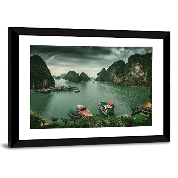 Ha Long Bay In Vietnam Canvas Wall Art in gray, green and blue, framed print, product view on a white background
