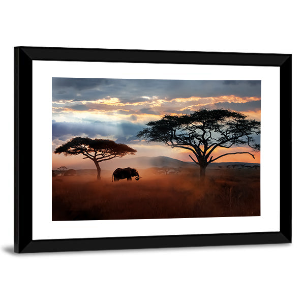 Wildlife Of Tanzania Canvas Wall Art in brown, orange and blue, framed print, product view on a white background
