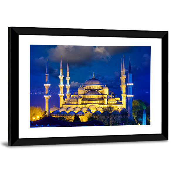 Blue Mosque In Istanbul Canvas Wall Art in gold, yellow and blue, framed print, product view on a white background