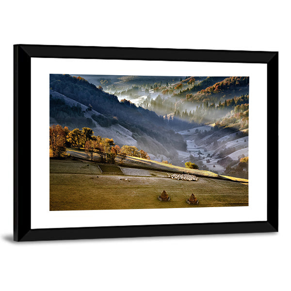 Shepherd With Sheep Heard In The Mountains Of Romania Canvas Wall Art