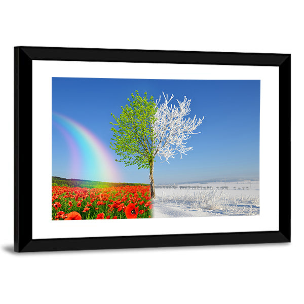 Split-season Tree with Poppies and Snow Canvas Wall Art