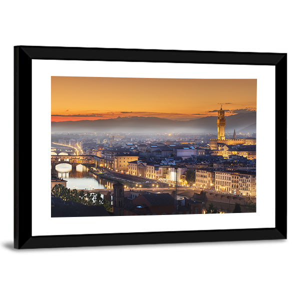 Florence During Sunset Canvas Wall Art in brown, orange and yellow, framed print, product view on a white background