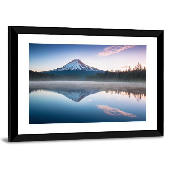 The Volcano Mountain Mount Hood Canvas Wall Art in white, blue and navy, framed print, product view on a white background