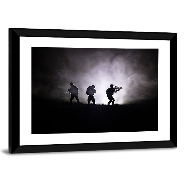 Military Soldier Silhouette With Gun Canvas Wall Art