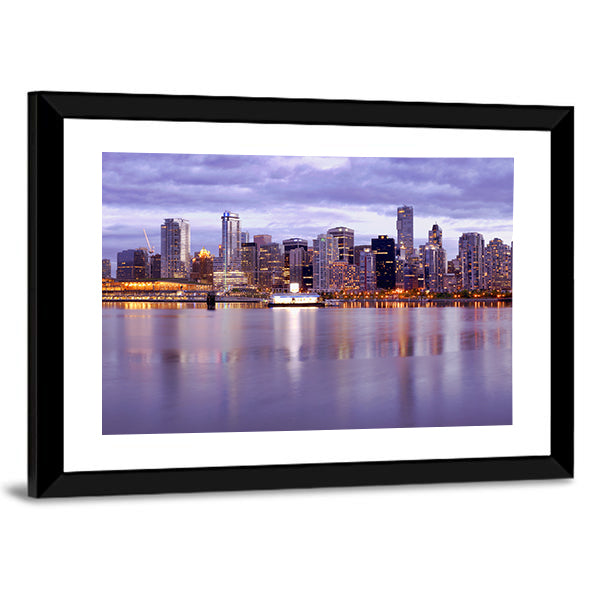 Vancouver Skyline In Canada Canvas Wall Art in yellow, blue and purple, framed print, product view on a white background