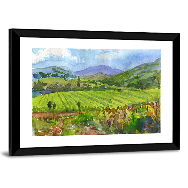Watercolor Vineyard Landscape Canvas Wall Art