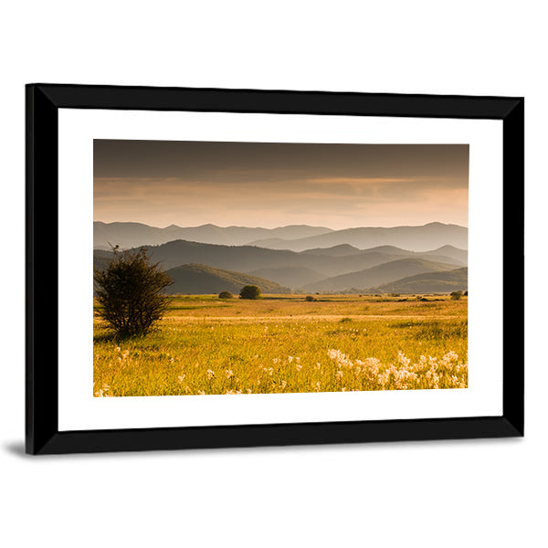 Golden Meadow and Rolling Hills Canvas Wall Art in brown, gold and yellow, framed print, product view on a white background