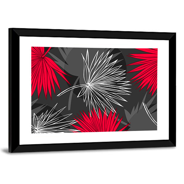 Red and Gray Palm Leaf Pattern Canvas Wall Art
