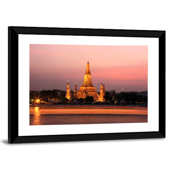 Wat Arun Temple At Sunset In Bangkok Thailand Canvas Wall Art in gold, orange and pink, framed print, product view on a white background