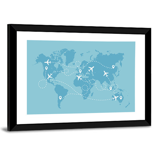 Airplane Travel Route On World Map Canvas Wall Art