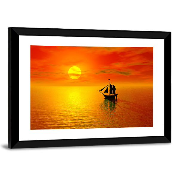 Old Boat Sunset Silhouette Canvas Wall Art