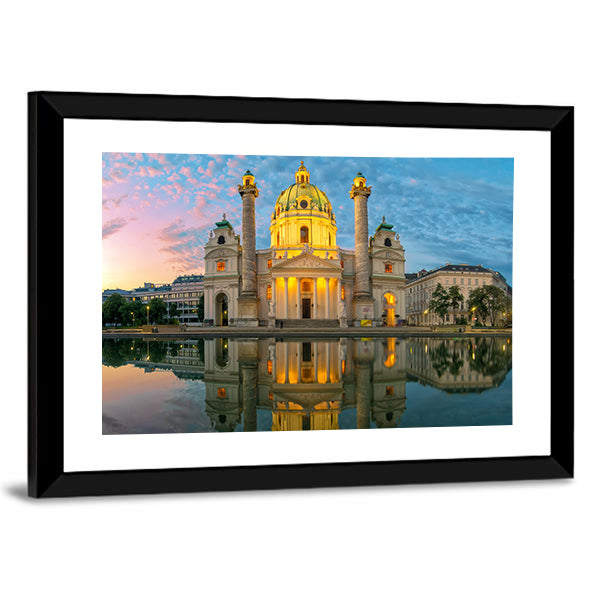 St. Charles Church Sunset Reflection Canvas Wall Art in orange, yellow and blue, framed print, product view on a white background
