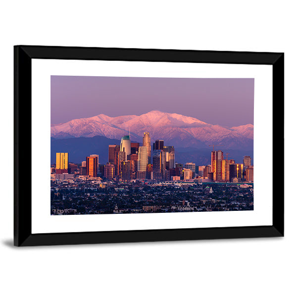 Downtown Los Angeles Skyline at Sunset Canvas Wall Art in orange, purple and pink, framed print, product view on a white background