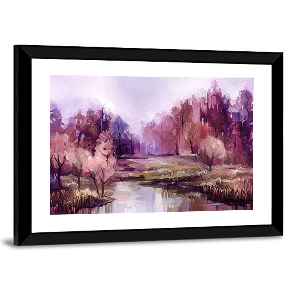 Autumn Forest Lake in Lavender Hues Canvas Wall Art