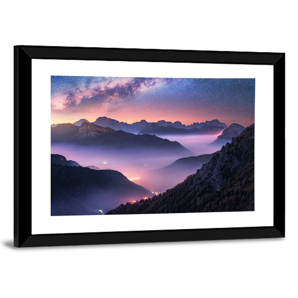 Milky Way Over Passo Giau, Dolomites Canvas Wall Art in black, blue and purple, framed print, product view on a white background