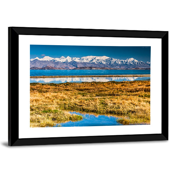 Karakul Lake In Pamir In Tajikistan Canvas Wall Art in brown, yellow and blue, framed print, product view on a white background