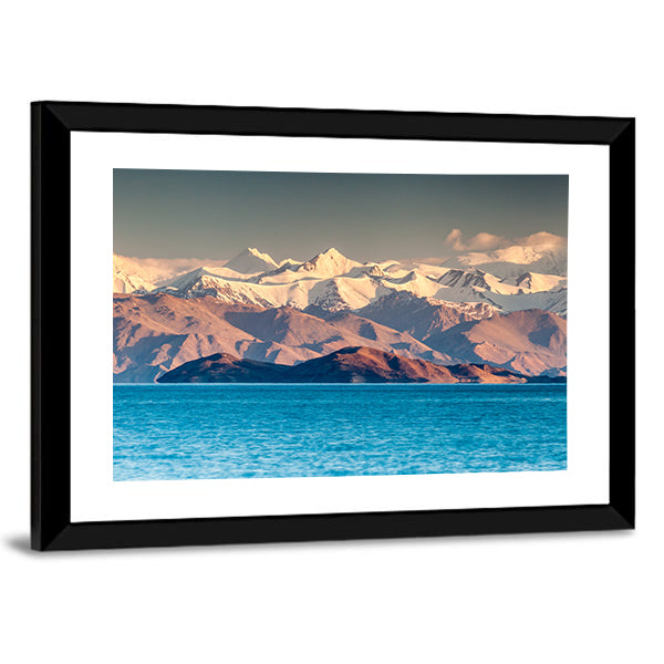 Scenic Karakul Lake In Pamir In Tajikistan Canvas Wall Art in white, brown and blue, framed print, product view on a white background