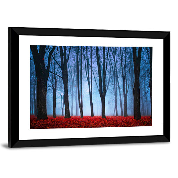 Foggy Autumn Forest with Red Leaves Canvas Wall Art